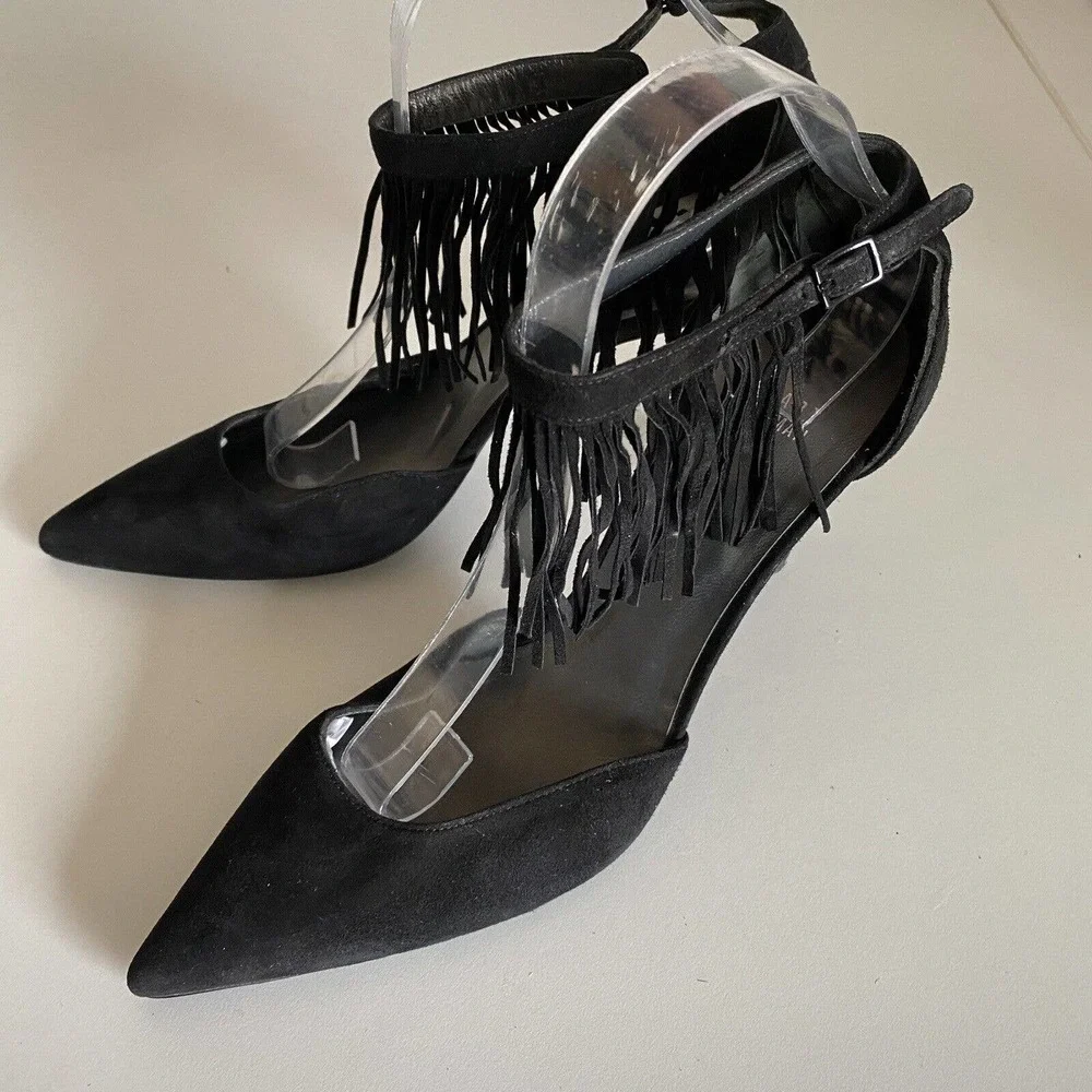 Stuart Weitzman Fringelica Black Suede Pump Point Toe Fringe Slim Heel A…